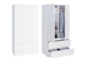 Miniaturka 3 - Biała szafa dwudrzwiowa Novia 90 cm zamknięta i otwarta – drążek, półki i dwie szuflady, na białym tle