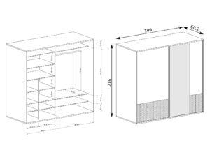 Miniaturka 4 - Szafa Lavinia 199 cm – schemat wnętrza z półkami i drążkiem oraz wymiary