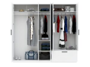 Miniaturka 3 - Biała szafa Litano 225 cm z widocznym wnętrzem, półkami i drążkami
