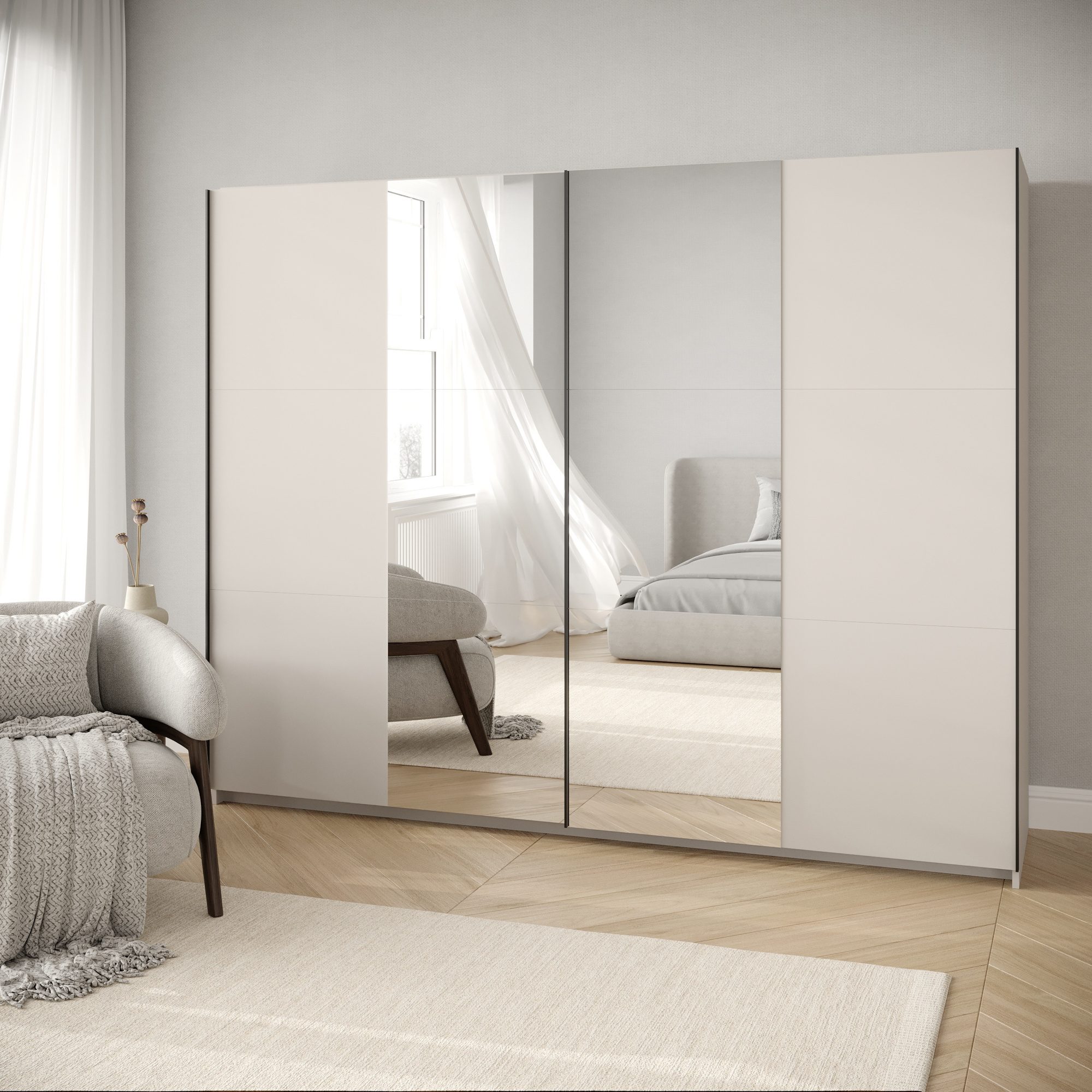 Szafa przesuwna Norvian 228 cm z lustrem kaszmir w aranżacji sypialni
