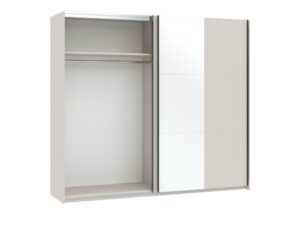 Miniaturka 2 - Szafa przesuwna Norvian 228 cm z lustrem kaszmir – otwarte wnętrze z półkami i drążkiem