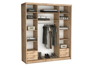 Miniaturka 2 - Szafa przesuwna Ortenzo Dąb Artisan otwarta z półkami, drążkiem i szufladami