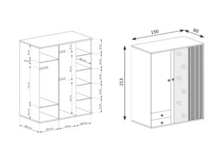 Miniaturka 3 - Szafa Sorenta 150 cm z rysunkiem wymiarów korpusu i wnętrza