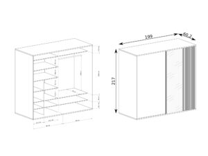 Miniaturka 5 - Szafa Sorenta 199 cm – schemat techniczny wnętrza z półkami i drążkiem