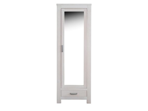 Biała szafa TIROL 67 cm z lustrem – front i dolna szuflada
