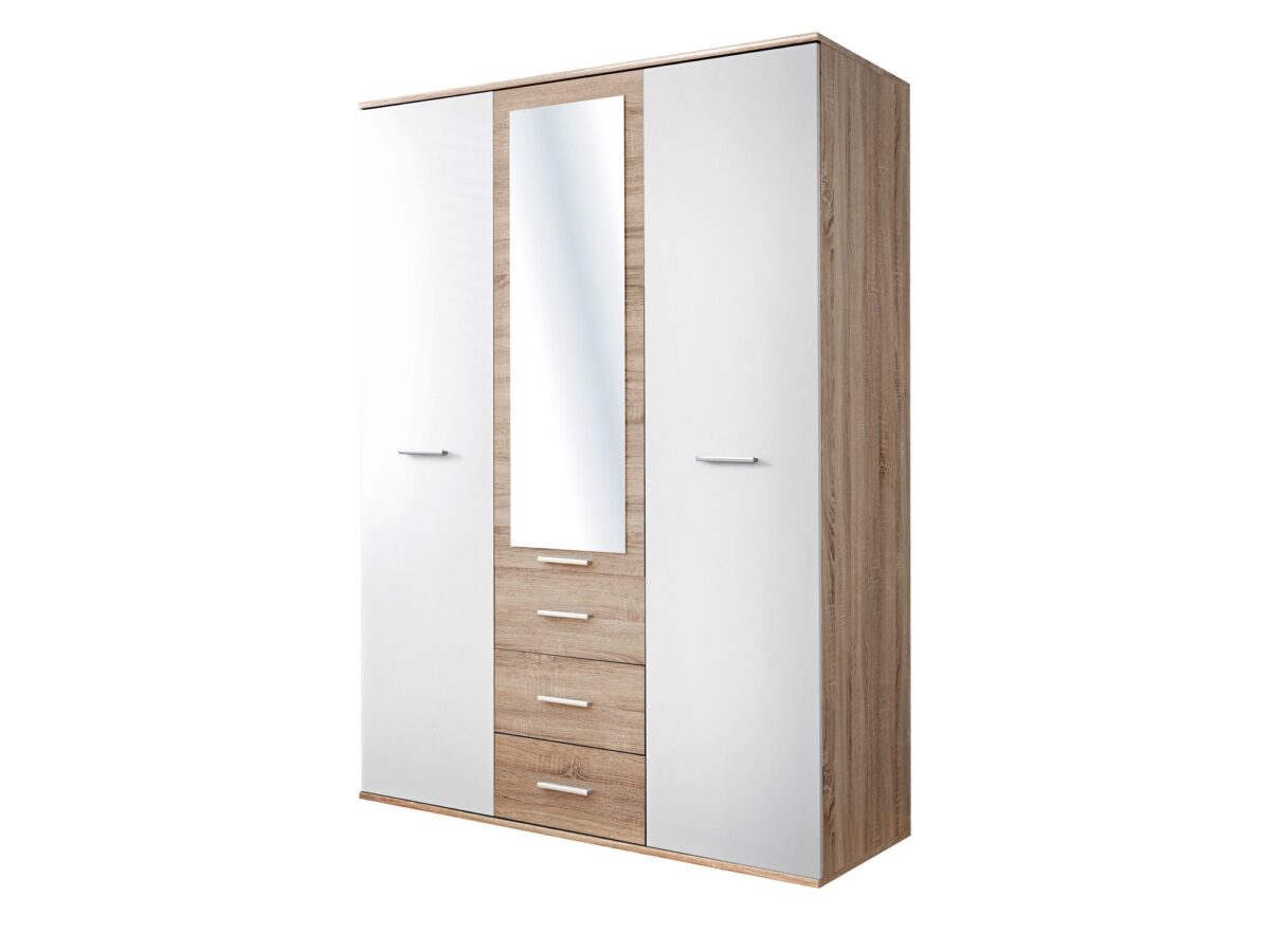 Szafa trzydrzwiowa z lustrem i szufladami Dinvoro 135 cm dąb Sonoma biały mat