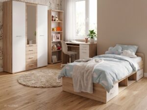 Miniaturka 4 - Szafa trzydrzwiowa z lustrem i szufladami Dinvoro 135 cm dąb Sonoma biały mat – łóżko z szafą i biurkiem w kolorze jasnego drewna