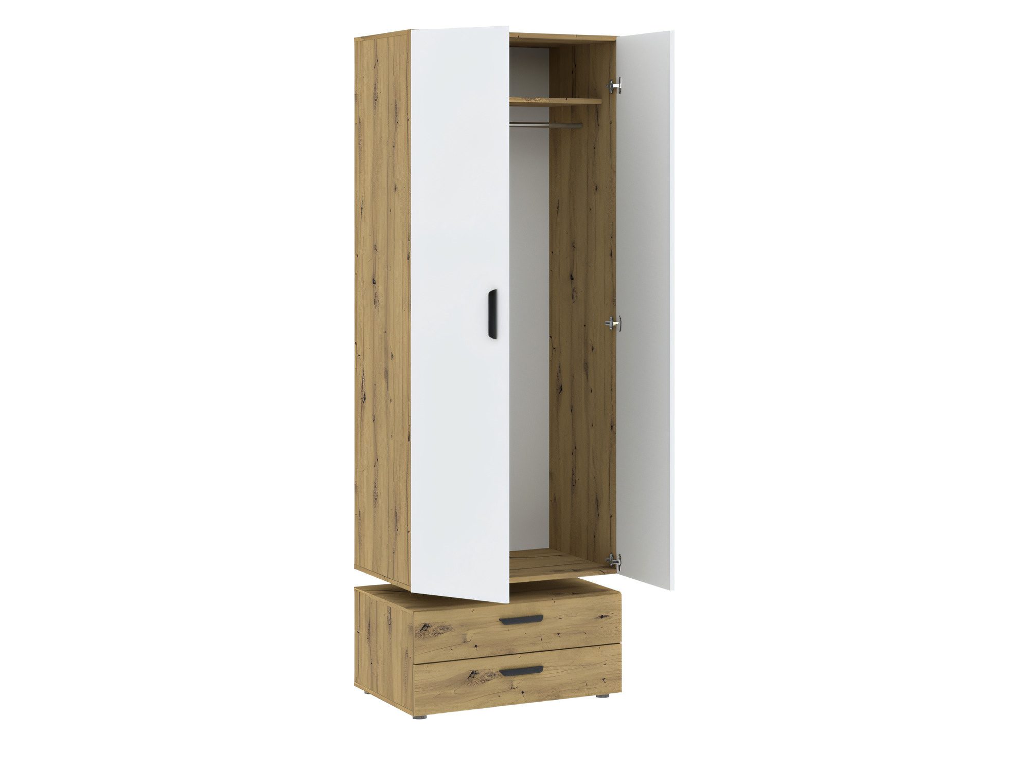 Szafa Veldaro Duo 74 cm dąb Artisan + biały – otwarte wnętrze i 2 szuflady