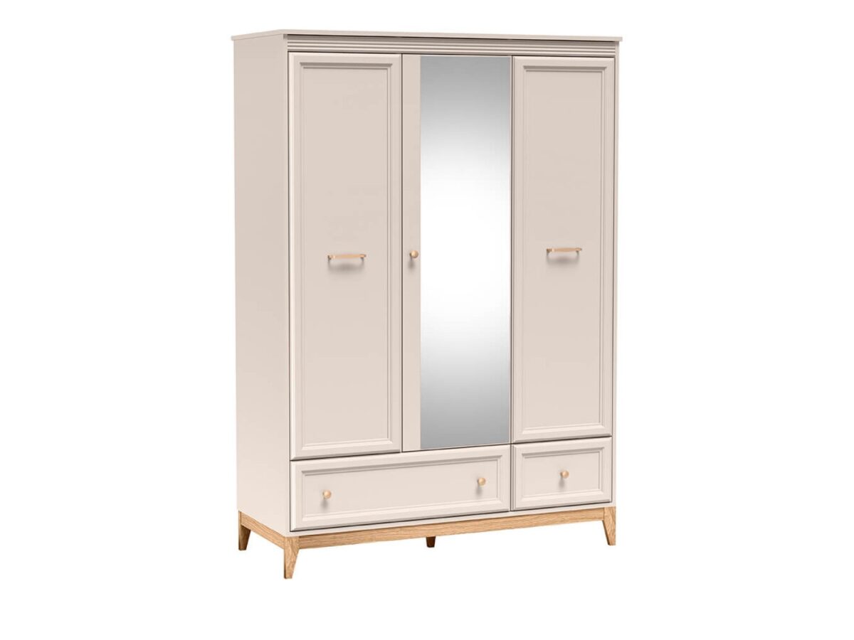 Szafa Velvara 135,5 cm kaszmir / dąb naturalny – lustro, 3 drzwi, 2 szuflady