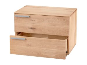 Miniaturka 2 - Szafka nocna dębowa Arella 2L z uchwytami po lewej – otwarta dolna szuflada