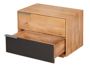 Miniaturka 2 - Szafka nocna dębowa Eleana 2L z uchwytami po lewej – otwarta szuflada z grafitowym frontem