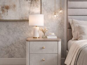Miniaturka 3 - Szafka nocna Eleganza kaszmir i złoto — aranżacja sypialni przy łóżku