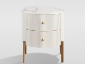 Miniaturka 1 - Szafka nocna Eleganza biało-ecru z marmurowym blatem i złotymi nogami — przód