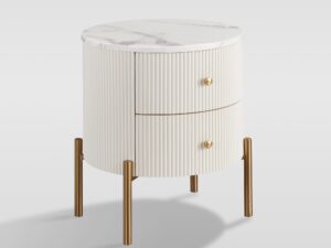 Miniaturka 2 - Szafka nocna Eleganza biało-ecru — widok pod kątem na dwie szuflady i złote nogi