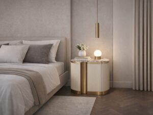 Miniaturka 5 - Szafka nocna Eleganza z marmurowym blatem przy tapicerowanym łóżku w sypialni