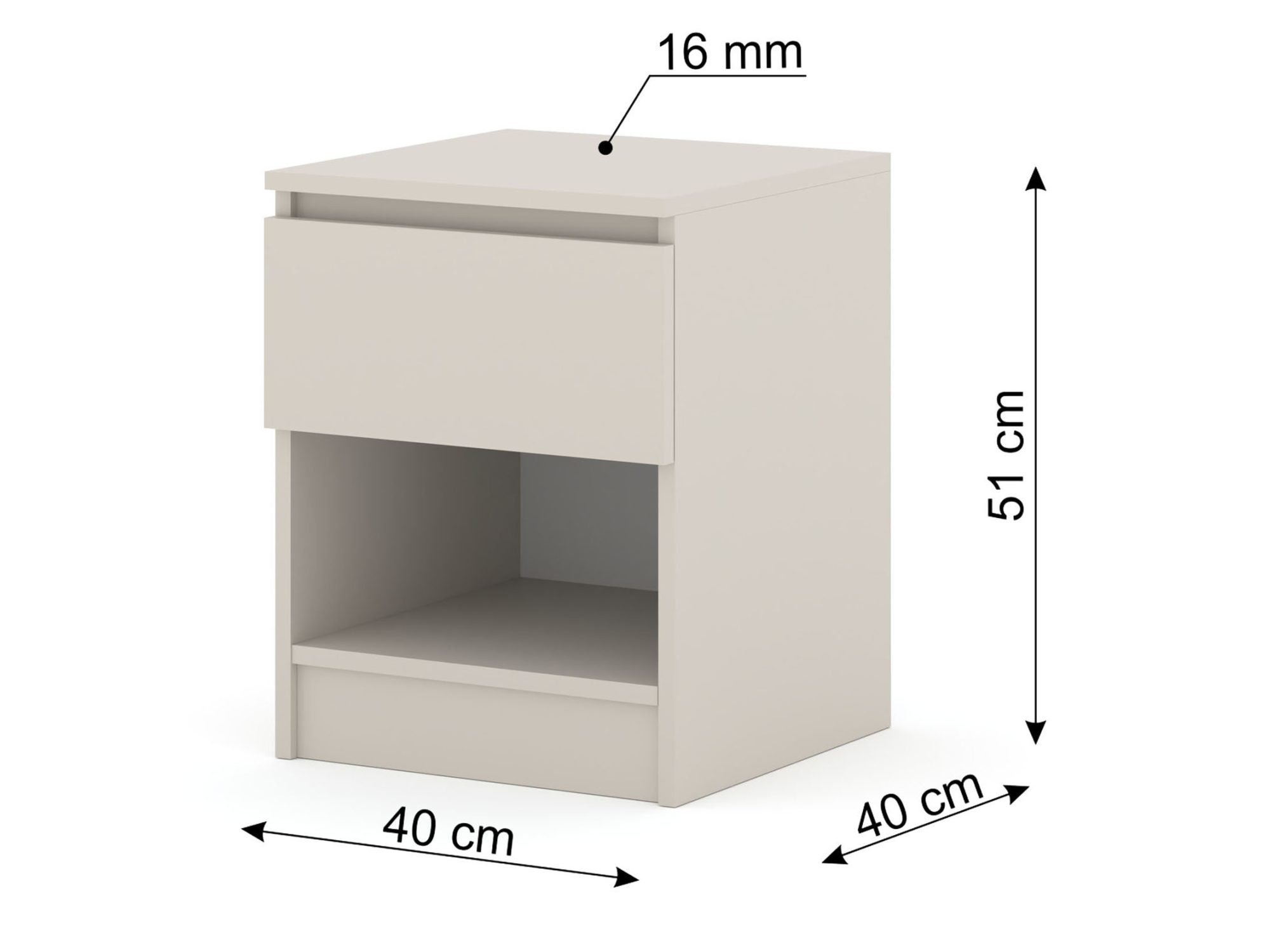 Wymiary szafki nocnej Malvero: szerokość 40 cm, głębokość 40 cm, wysokość 51 cm
