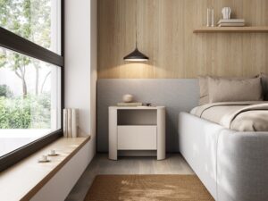 Miniaturka 6 - Szafka nocna Lavello kaszmir – aranżacja obok tapicerowanego łóżka