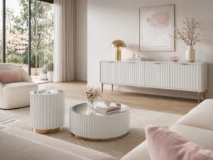 Miniaturka 6 - Ryflowana szafka RTV Eleganza w salonie przy oknie z lustrzanymi stolikami