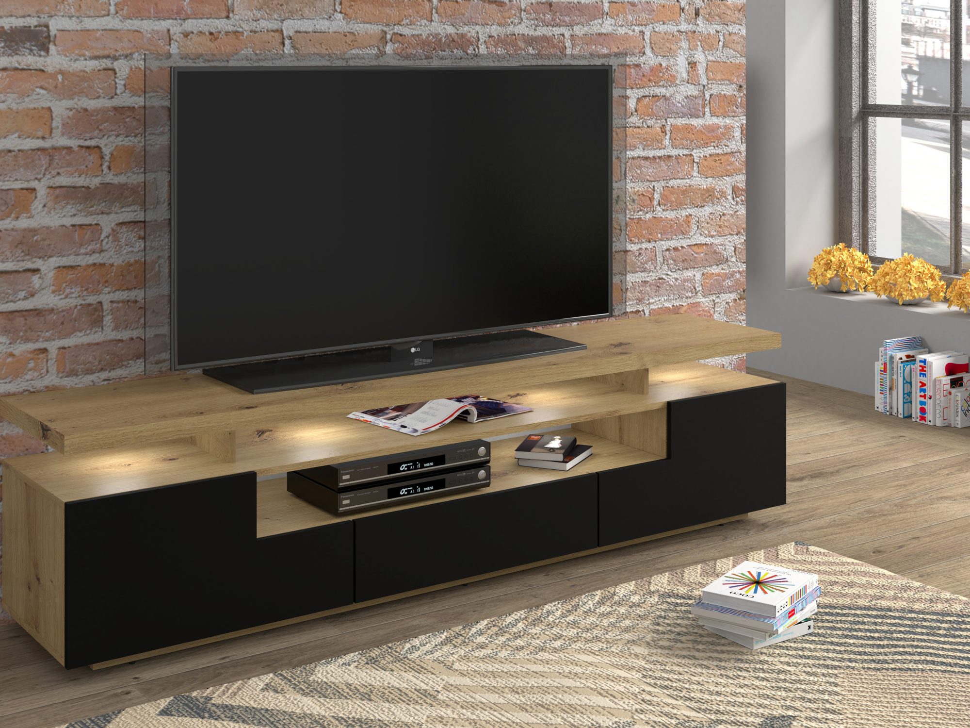 Szafka RTV Ewa 180 cm dąb artisan i czarny mat – aranżacja salonu z LED