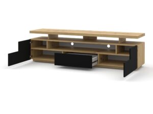 Miniaturka 1 - Szafka RTV Ewa 180 cm dąb artisan i czarny mat – otwarte drzwiczki i szuflada