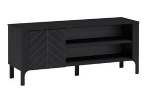 Miniaturka 8 - Szafka RTV Fenita 135 cm czarna z lewymi drzwiczkami w jodełkę i otwartymi półkami