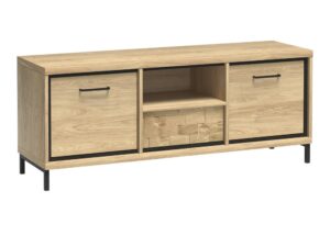 Miniaturka 1 - Szafka RTV Lorenza Hikora, front z deski dębowej, czarne nogi bez LED