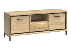 Miniaturka 3 - Szafka RTV Lorenza Hikora, front z deski dębowej, czarne nogi i LED