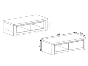 Miniaturka 3 - Szafka RTV Nalvio 124 cm schemat otwartej wnęki i bocznej klapy