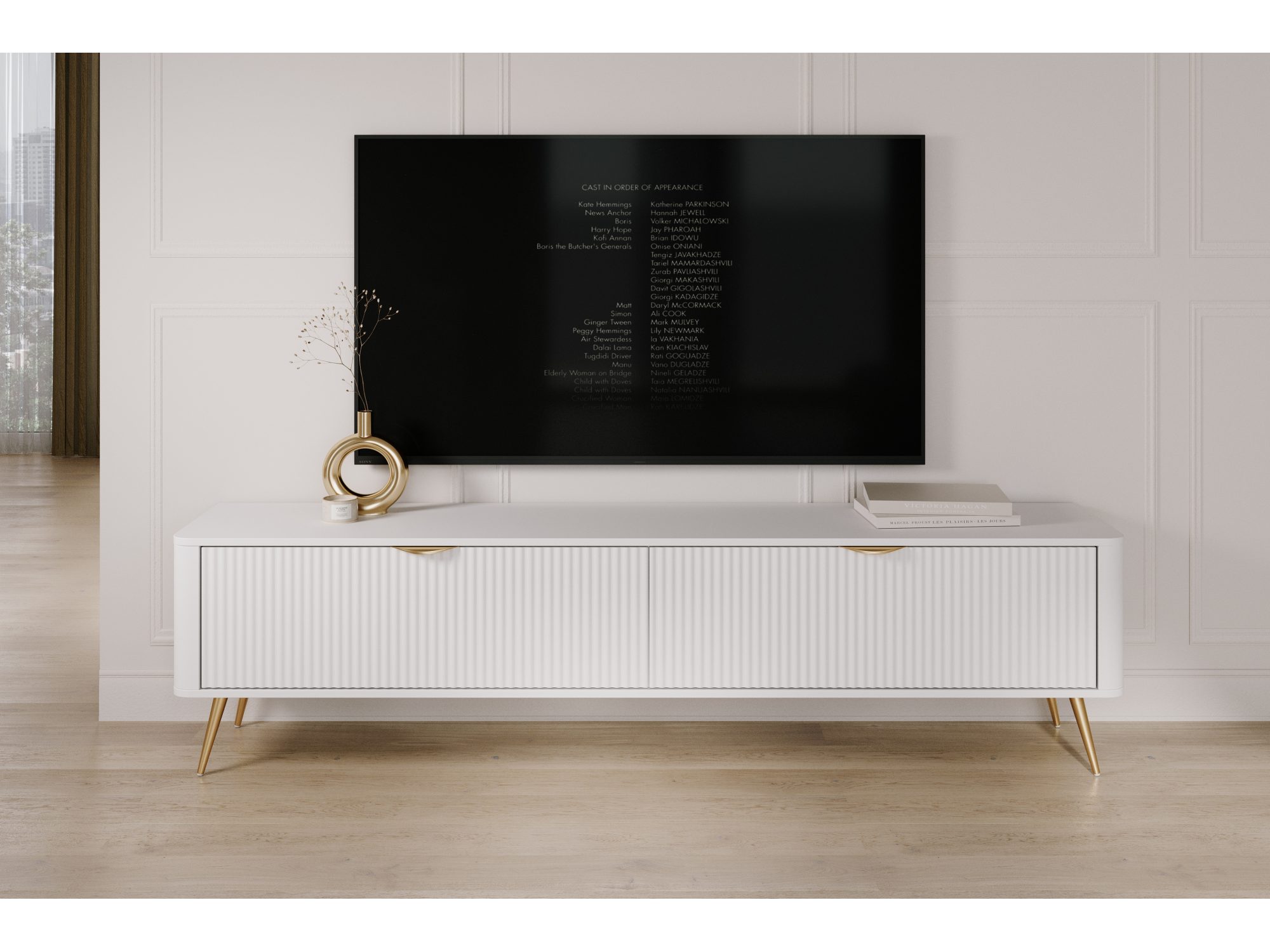 Szafka RTV Nesaro 200 cm w bieli w jasnej aranżacji salonu