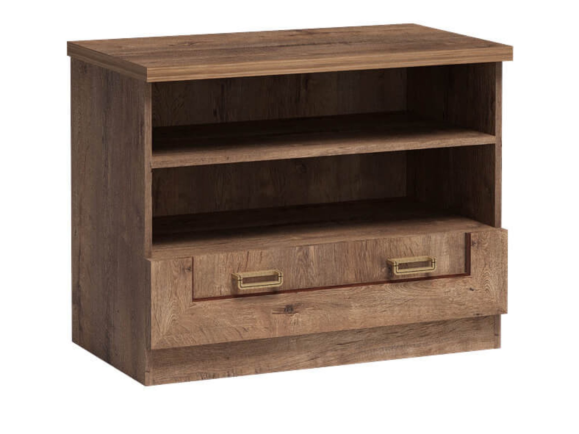 Szafka RTV Pradella dąb lefkas z dwiema wnękami i szufladą, widok skośny