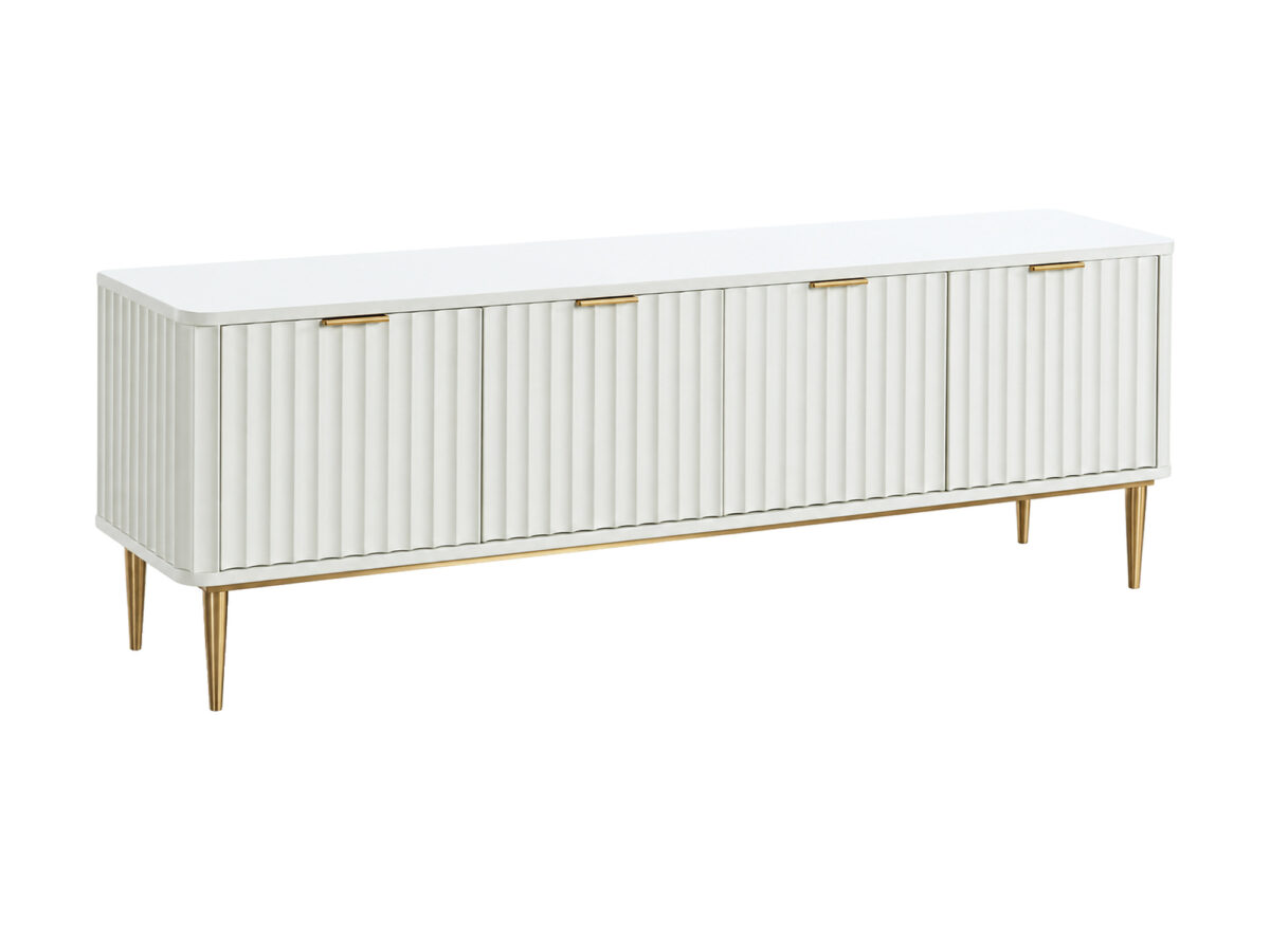 Szafka RTV ryflowana 200 cm złamana biel i złoto – Eleganza
