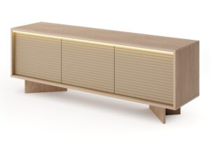 Miniaturka 1 - Szafka RTV Talvio – widok pod kątem na fronty cappuccino i LED