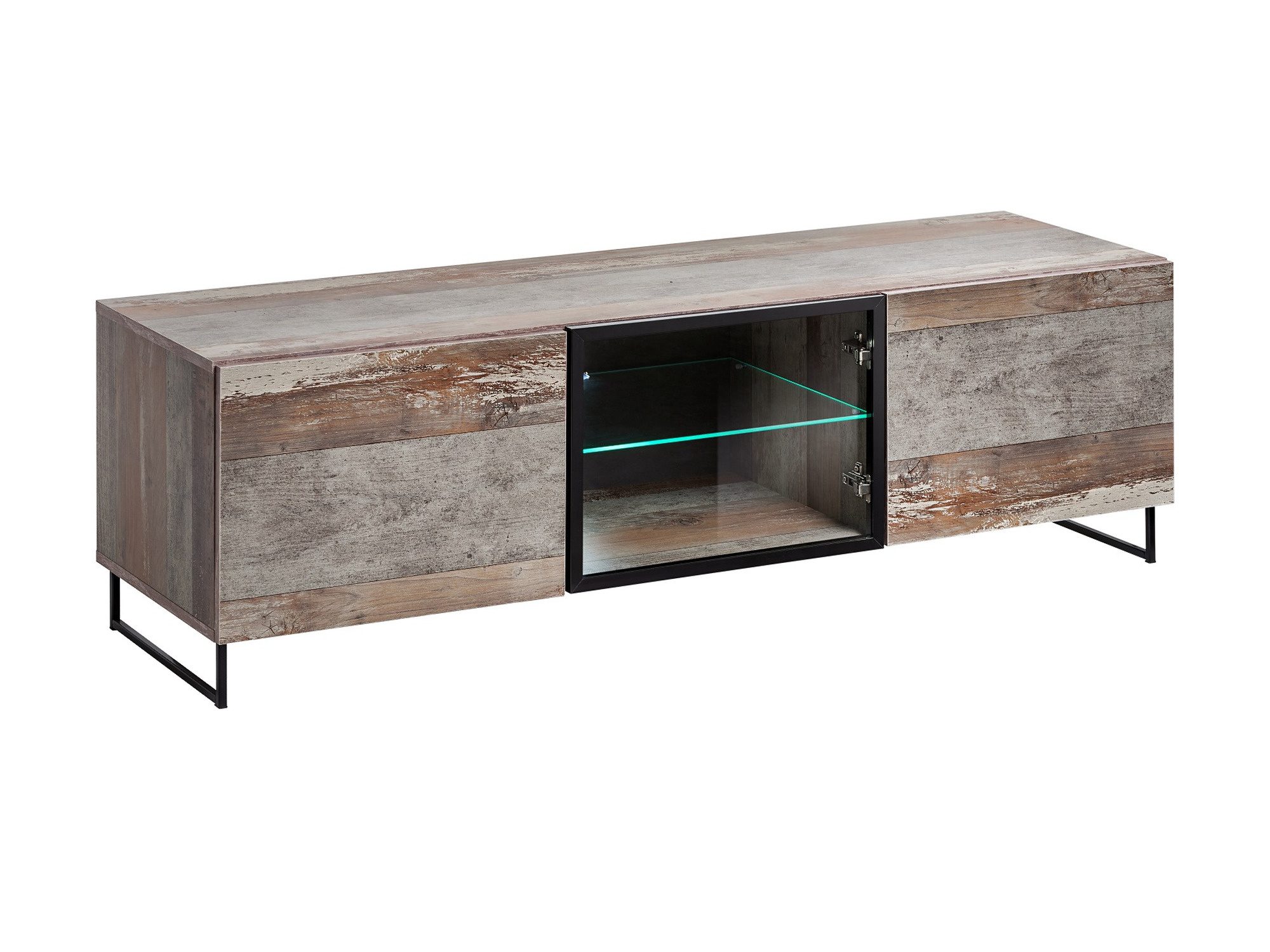 Szafka RTV z przeszklonym frontem LED Valmoro 150 cm Canion Wood czarna