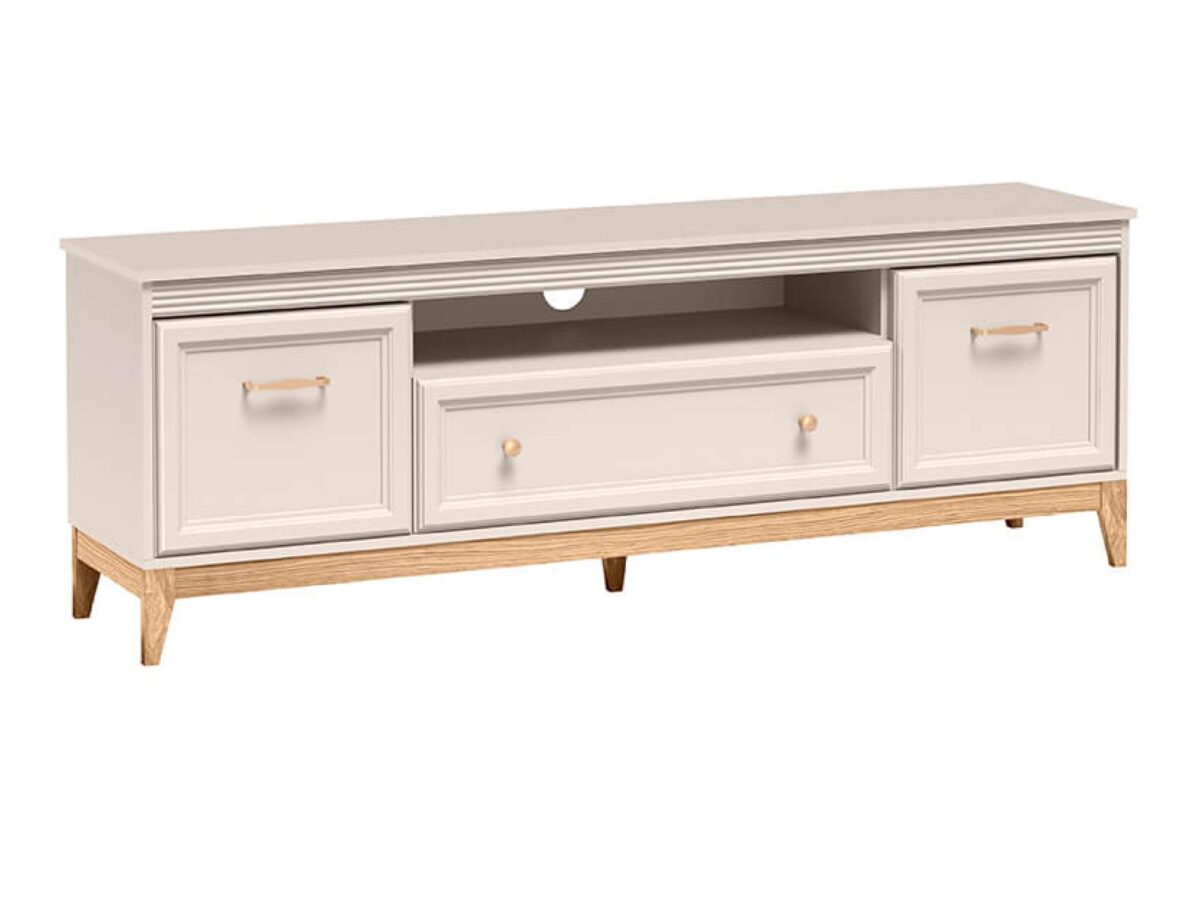 Szafka RTV Velvara 179 cm kaszmir / dąb naturalny – 2 szafki i duża szuflada