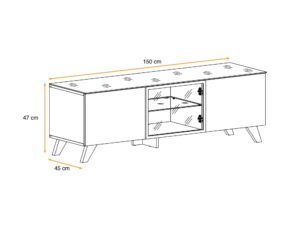 Miniaturka 3 - Wymiary – Szafka RTV z witryną LED Thalero 150 cm dąb Wotan czarna rama