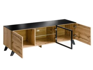 Miniaturka 1 - Szafka RTV z witryną LED Thalero 150 cm dąb Wotan czarna rama – zdjęcie 2