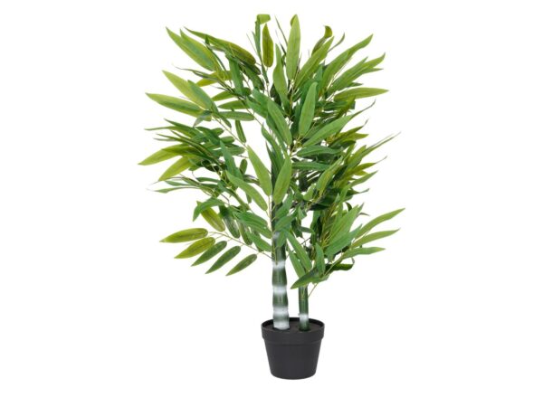 Sztuczne drzewko bambusowe 92 cm w czarnej doniczce, zielone liście na białym tle