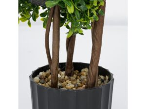 Miniaturka 2 - Sztuczny bukszpan 50 cm szczegół pni i czarnej żłobionej doniczki z kamykami