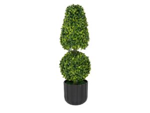Miniaturka 3 - Sztuczny bukszpan 48 cm z dwiema formowanymi koronami w czarnej doniczce na białym tle