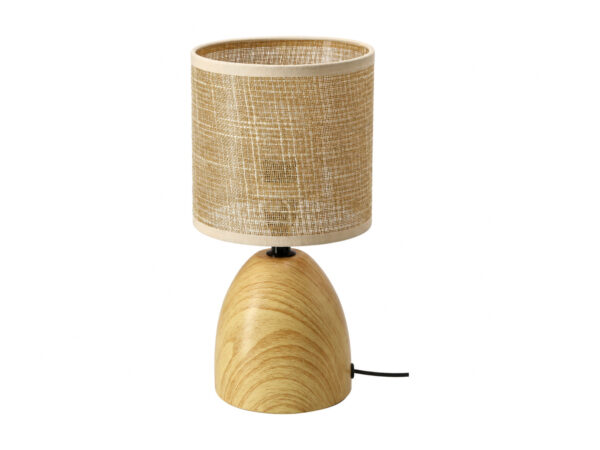 Lampa stołowa Talovia z beżowym abażurem i ceramiczną podstawą o efekcie drewna