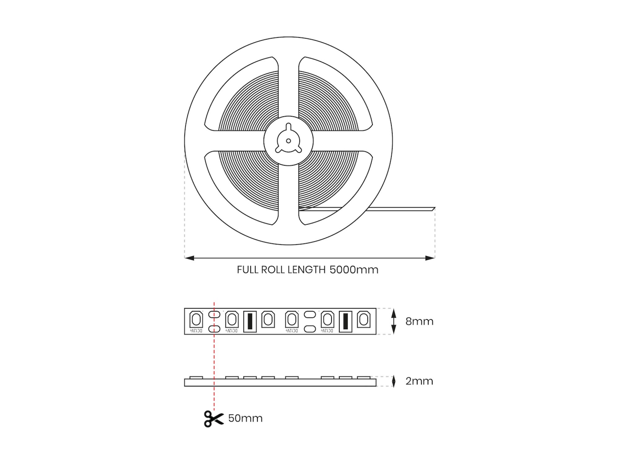 Taśma LED COB 12 V 5 m – diagram szerokości 8 mm i miejsc cięcia co 50 mm