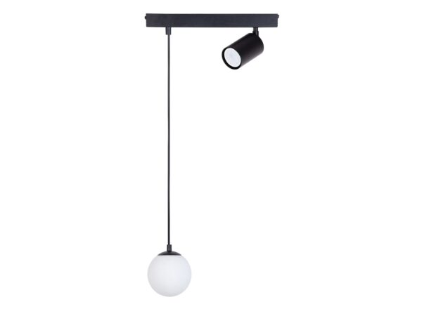 Lampa wisząca Tavira 1+1 czarna z kulistymi kloszami i reflektorem na białym tle
