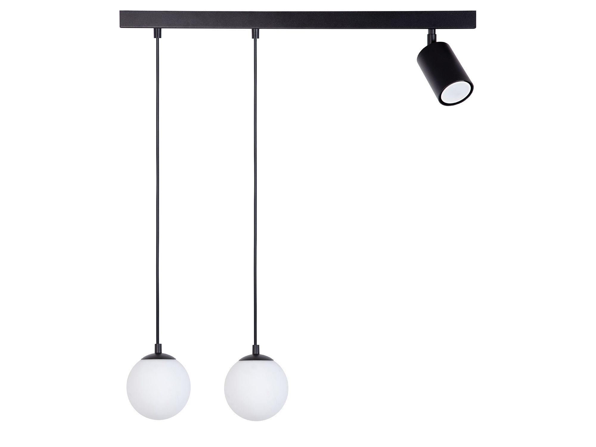 Lampa wisząca Tavira 2+1 czarna z kulistymi kloszami i reflektorem na białym tle