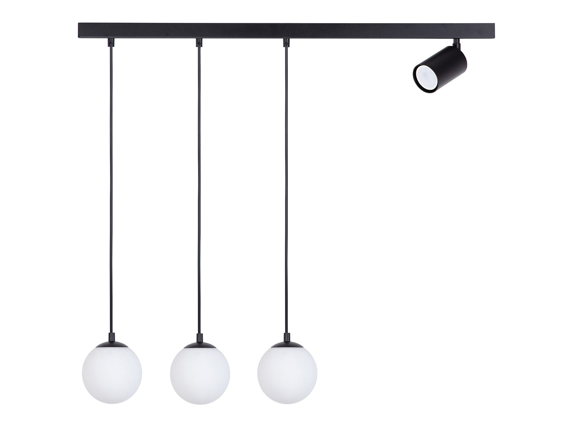 Lampa wisząca Tavira 3+1 czarna z kulistymi kloszami i reflektorem na białym tle