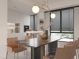 Miniaturka 2 - Złota lampa wisząca Tes 2 z dwiema białymi kulami nad stołem jadalnianym