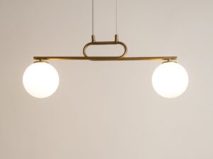 Miniaturka 1 - Lampa wisząca Tes 2 złota, dwa świecące białe kuliste klosze szklane