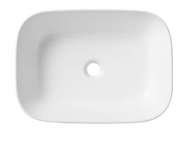Umywalka nablatowa ceramiczna w białym połysku, prostokątny kształt z zaokrąglonymi narożnikami