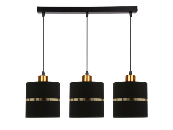 Lampa wisząca Venisia z trzema czarnymi abażurami ze złotym paskiem na listwie