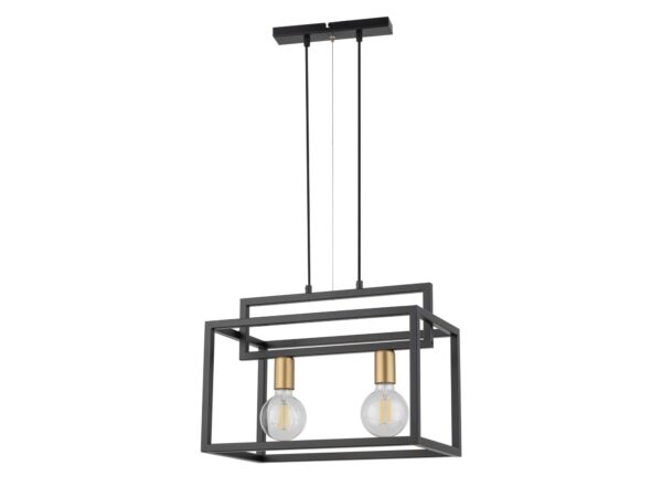 Lampa wisząca Vigo 2 czarno-złota loftowa, prostokątna stalowa rama, dwa punkty E27 i pełne zawieszenie