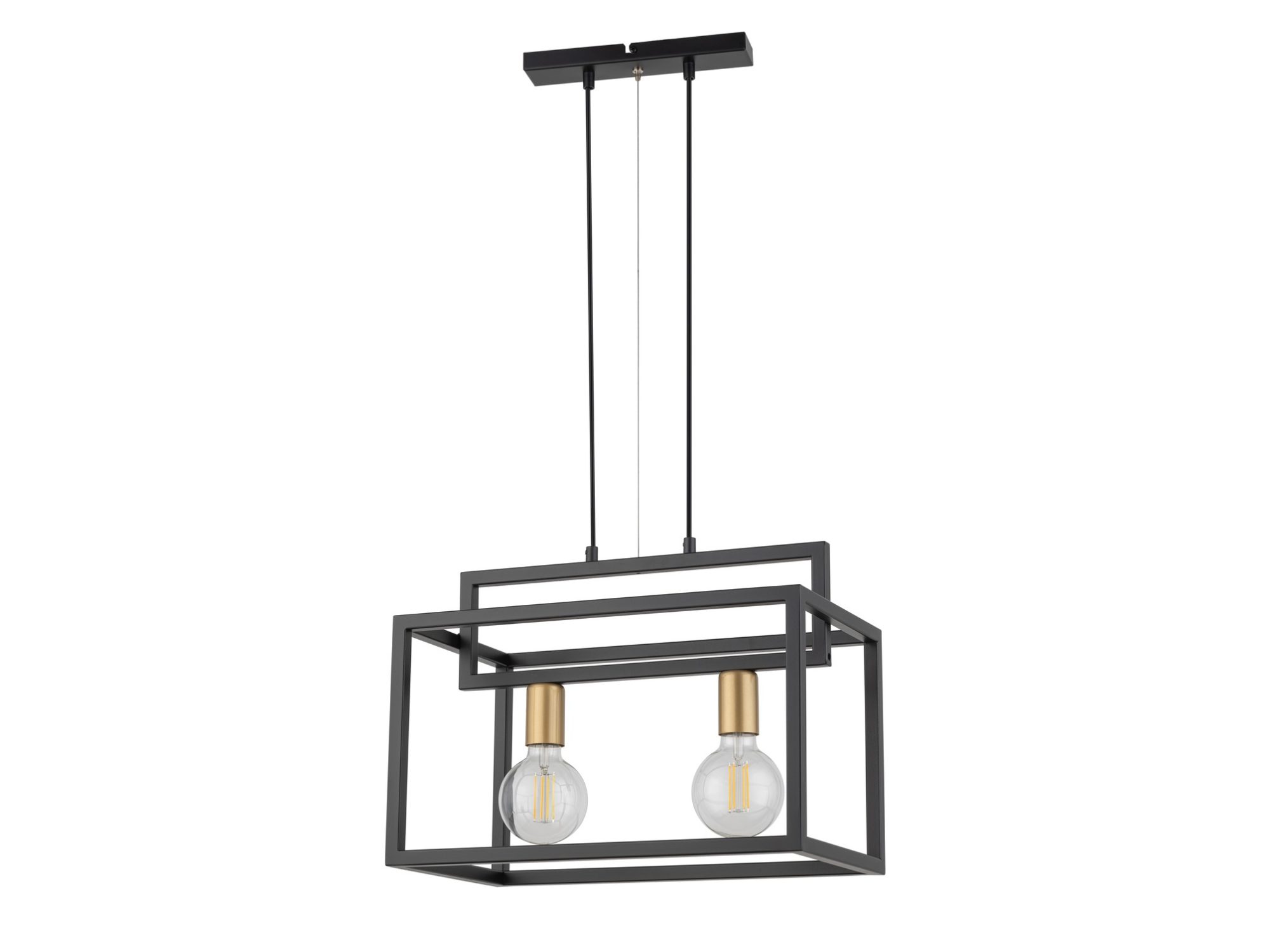 Lampa wisząca Vigo 2 czarno-złota z dwoma oprawkami E27 i pełnym zawieszeniem na białym tle